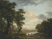 George Barret An extensive wooded river landscape with shepherds recicling in the foreground and ruins beyond Spain oil painting artist